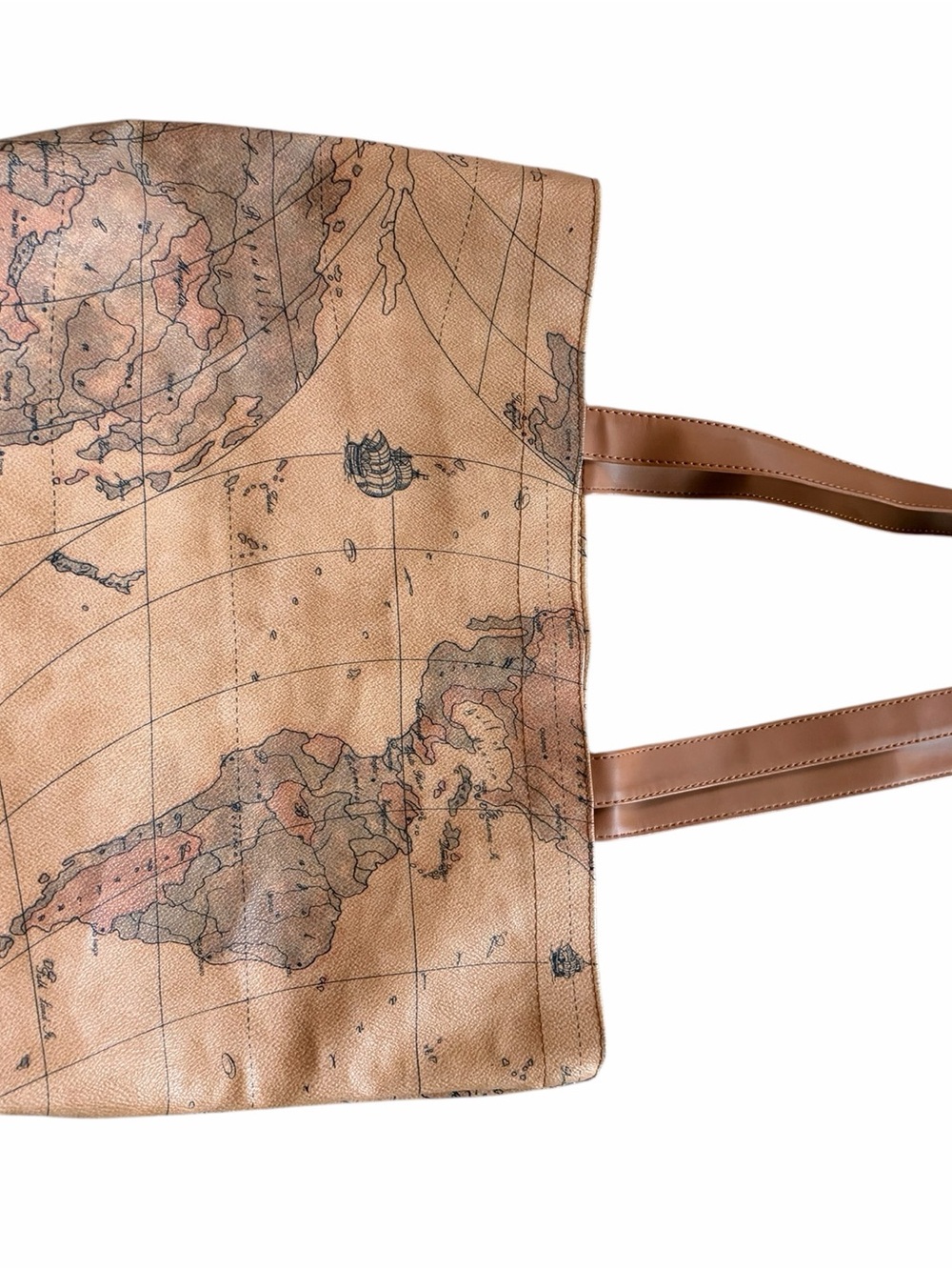 Map-Print Canvas Tote with Brown  Straps